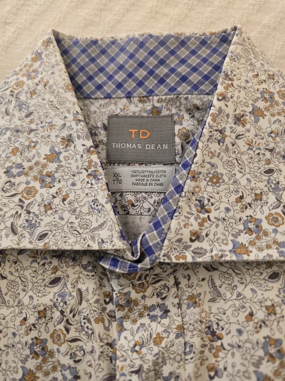 Thomas Dean White Button-Down Shirt with Blue & Brown Floral Print